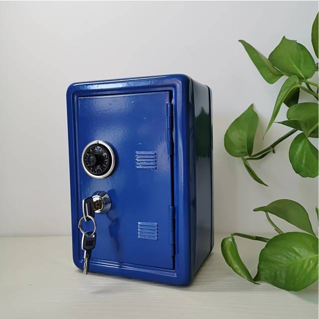 (Blue) Metal Mini Safe, Creative Lockable Change Deposit Box, Key Storage Box