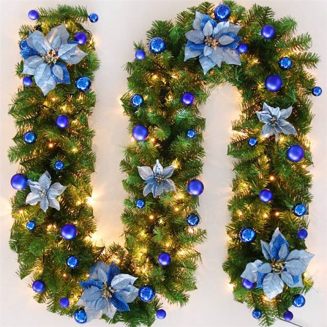 (Blue With LED) 9FT Christmas Garland LED Lights Up Xmas Wreath Fireplace Door Decor