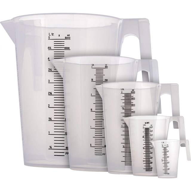 TCP Global 5 Piece Set of Plastic Graduated Measuring and Mixing Pitchers - 500  1000 Quart  2000  3000  5000 ml Gallon Sizes - Pouring Cups  Measure