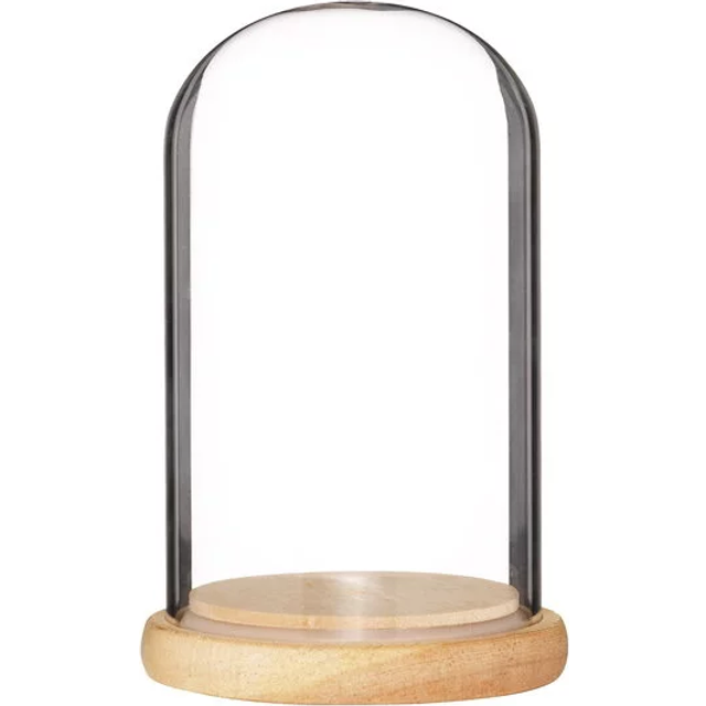 Glaskupa med träbotten, kupan är Ø9 cm och 15,5 cm hög