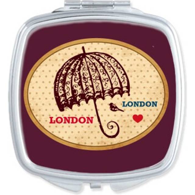 UK London Umbrella Stamp British Square Mirror Portable Compact Pocket Makeup Double Sided Glass