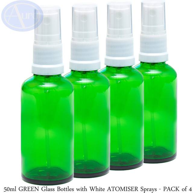 50ml Green Glass Bottles with White ATOMISER Sprays - Pack of 4