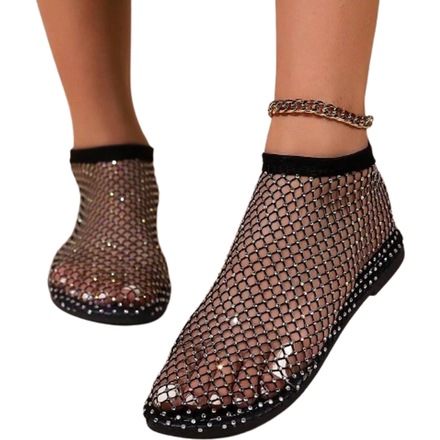 SHEIN Women Rhinestone Embellished Shiny Mesh Flat Sandals, Summer Beach Holiday Black Slides Valentines
