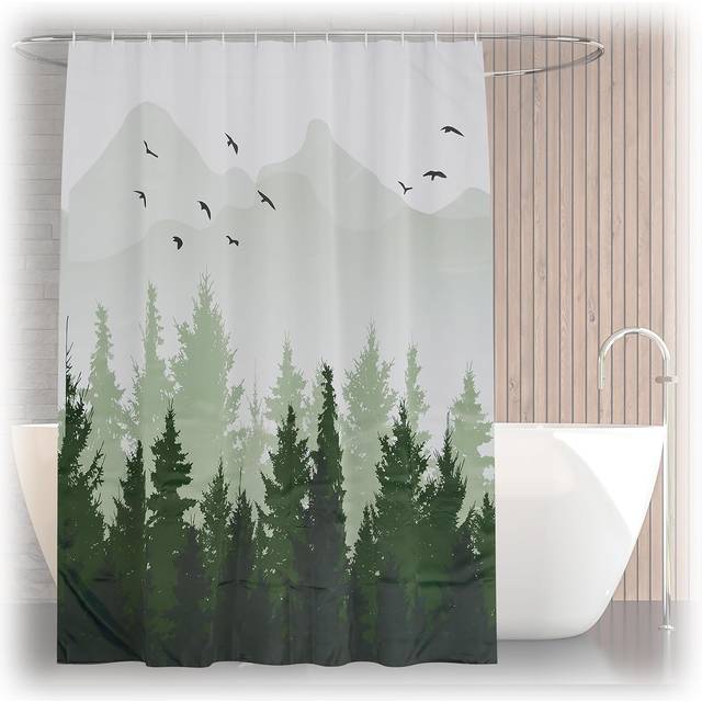 Relaxdays - Shower Curtain, Pine Forest, 180 x 200 cm, Mould Resistant, Washable, 12 Rings, for Bathtub, Multicoloured