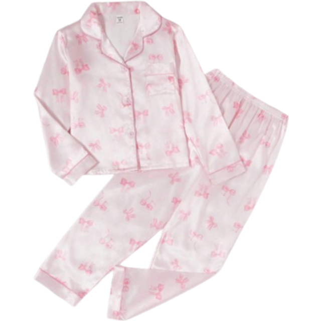 SHEIN 2pcs Tween Girl Cute Bow Printed Collared Blouse & Casual Pants Comfortable Homewear Set