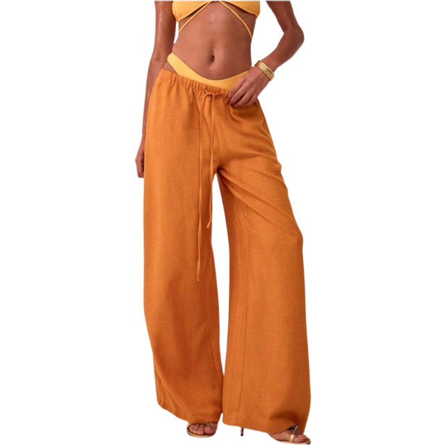 MUSERA Textured Linen Feel Tie Waist Trousers Vacation Summer Boho, Elegant, Holiday