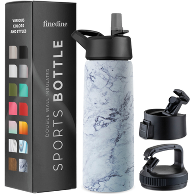 FineDine Triple Walled  Insulated Water Bottles with Straw  25 Oz Stainless Steel Metal Bottle W 3 Leak Proof Lids  For Trave