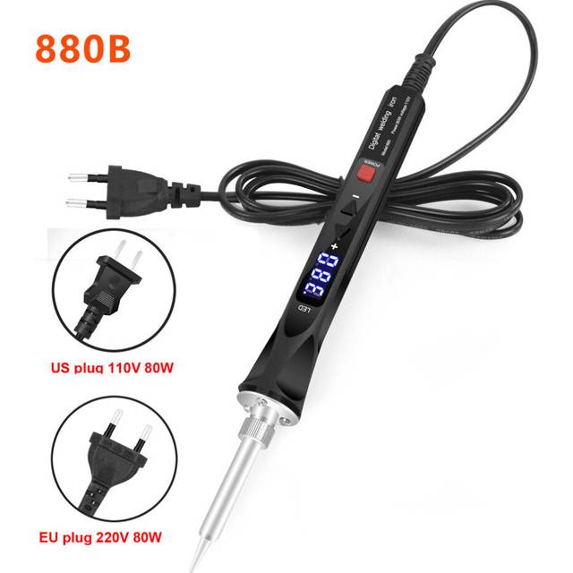 (880B, EU Plug) 110V/220V 80W LED Digital Electric Soldering Iron with 5PC Welding Tips Soldering Tool Temperature Regulating Welding Iron