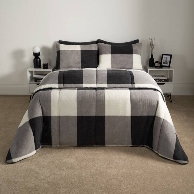 Check Coverless Duvet Pillowcase Bedding Set Teddy Fleece Gingham Quilt 10.5 TOG - Light Grey - King