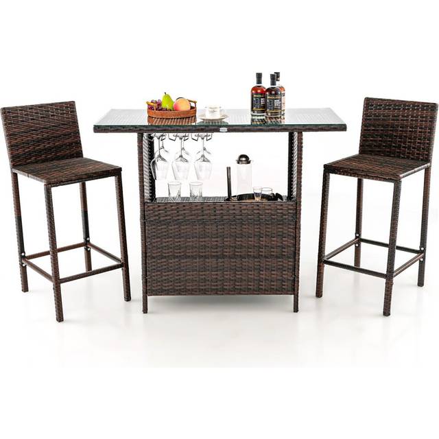 3 Piece Patio Wicker Garden Bar Set Rattan Bar Height Table Hidden Storage Shelf