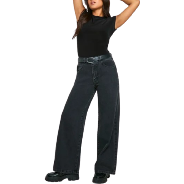 Womens Petite Basics High Waisted Wide Leg Jeans - Black - 14