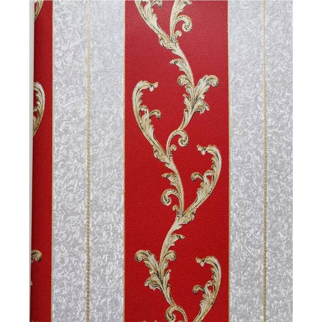 (B Stripe Red) 10M Elegant Gold Damask Waterproof Wallpaper Murals Embossed Textured PVC Roll