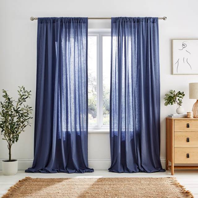 Cotton Linen Slot Top Voile Curtains - Folkstone Blue