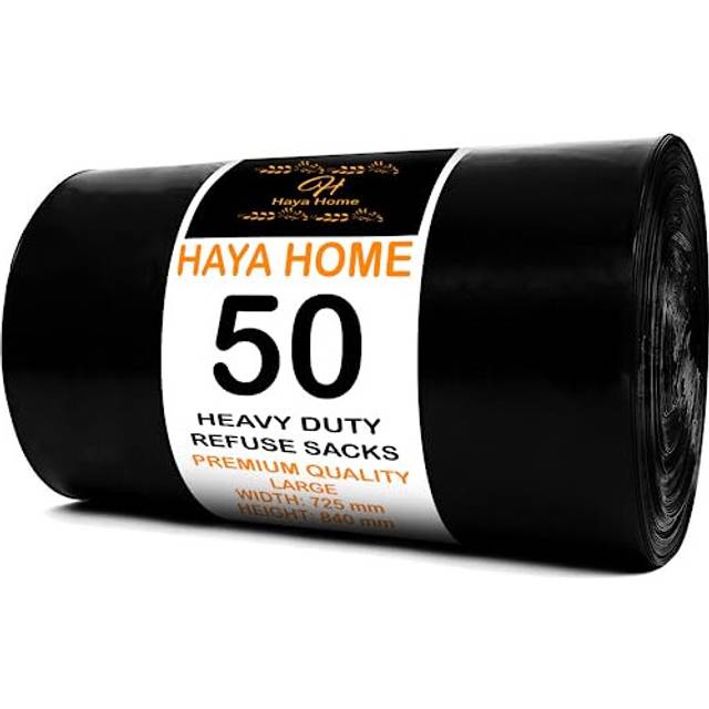 Haya Home 50 Black Plastic Bin Bags Liners, Refuse Sacks Pack of 50 X 1 Heavy Duty Waste Dustbin roll 100L for Kitchen Office DIY Garden Made from