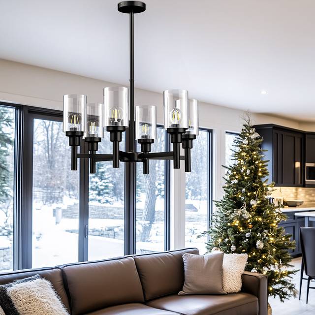 Casas 6 - Light Waggon Wheel Chandelier - Matte Black;Natural (72cm H X 58cm W X 58cm D)