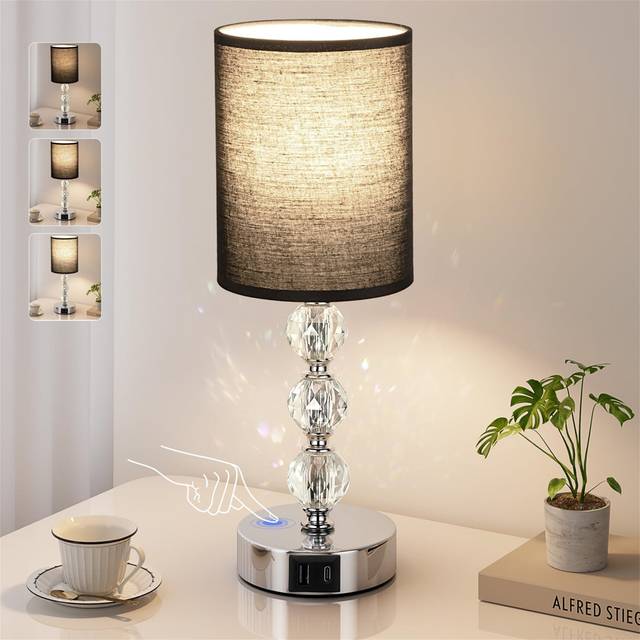 Touch Table Lamp, Crystal Bedside Lamp With 3-Way Dimmable, Small Bedside Lamp With USB C+A Charging Ports, Bedroom Lamp With Fabric Lampshade For Liv - Black