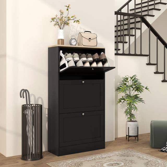 HOMCOM Narrow Shoe Cabinet with 3 Flip Drawers for 18 Pairs of Shoes Black, Black