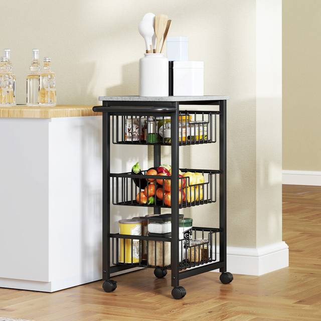 HOMCOM 4-Tier Kitchen Island on Wheels with 4 Pull-Out Baskets - Light Grey - 49.5W x 31D x 69Hcm | TJ Hughes