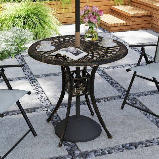 Outsunny 78 cm Round Garden Dining Table with Parasol Hole, Bronze Tone, Brown