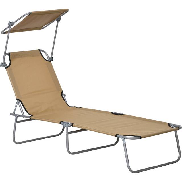 Outsunny Folding Sun Lounger w/ Sunshade Adjustable Backrest Tan, Brown