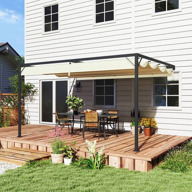 Outsunny 4 x 3(m) Outdoor Pergola Retractable Canopy Wall Mounted, Cream