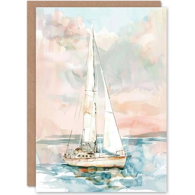 Greeting Card Sailboat Early Morning Seascape Watercolour Blank Birthday