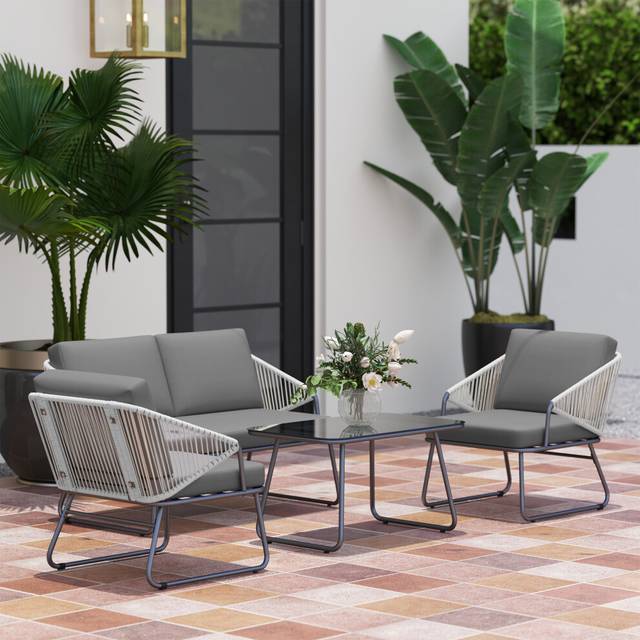 Outsunny 4 Piece Rattan Garden Furniture Set with Cushions, Grey, Grey