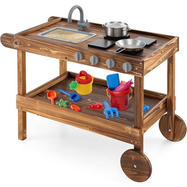 Movable Mud Kitchen with 2 Rolling Wheels and 1 Push Handle-Natural