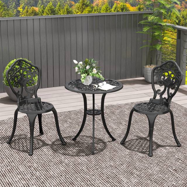 Outsunny 3 PCs Cast Aluminium Bistro Set w/ Parasol Hole for Balcony, Black, Black