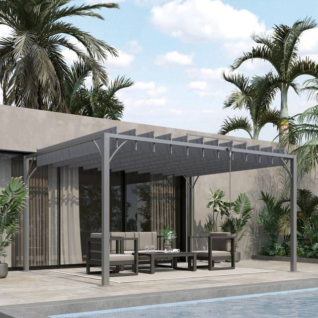 Outsunny 4 x 3(m) Outdoor Louvered Metal Pergola with Retractable Roof, Grey, Grey