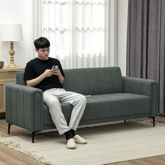 HOMCOM 3 Seater Sofa - Modern Fabric Couch with Channel Tufted - Charcoal grey | TJ Hughes