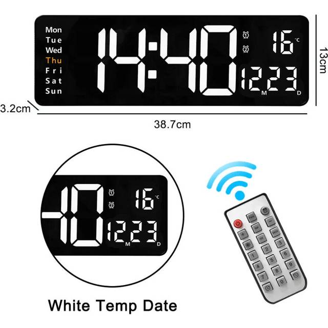 (Black white) 16-Inch LED Digital Wall Clock with Remote, Auto Brightness, Temperature, Date, Week Display - Ideal for Home, Office, Classroom