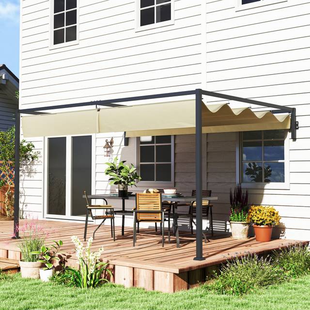 Outsunny 3 x 4m Wall Mounted Pergola with Retractable Roof, Khaki, Brown