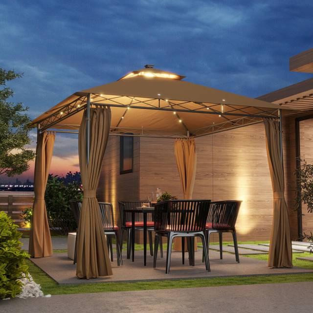 Outsunny 3 x 3 m Double Roof Outdoor Gazebo with Curtains, Brown - One Size