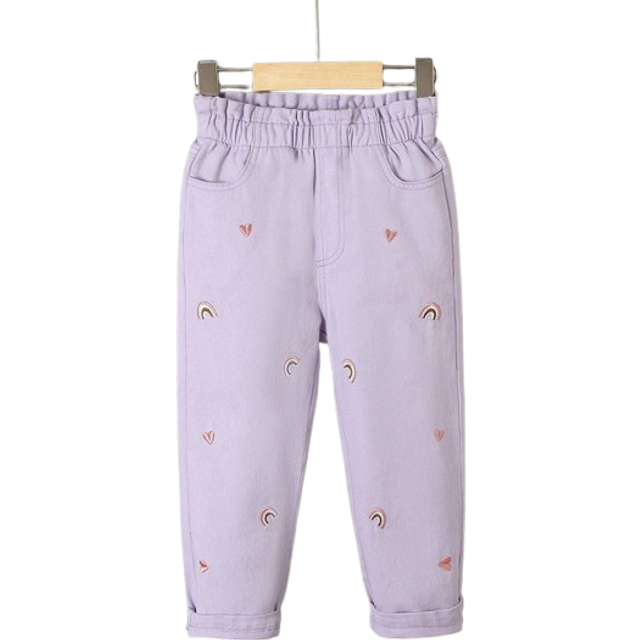 SHEIN Young Girls&#39; Cute Sweet Rainbow Heart Print Vacation Style Denim Jeans,Holiday,Summer,Travel