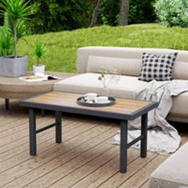 Outsunny Metal Garden Coffee Table, Outdoor Side Table with SPC Woodgrain Tabletop for Outside, Garden, Balcony, Porch, 100 x 53 x 46cm, Grey Wood Eff