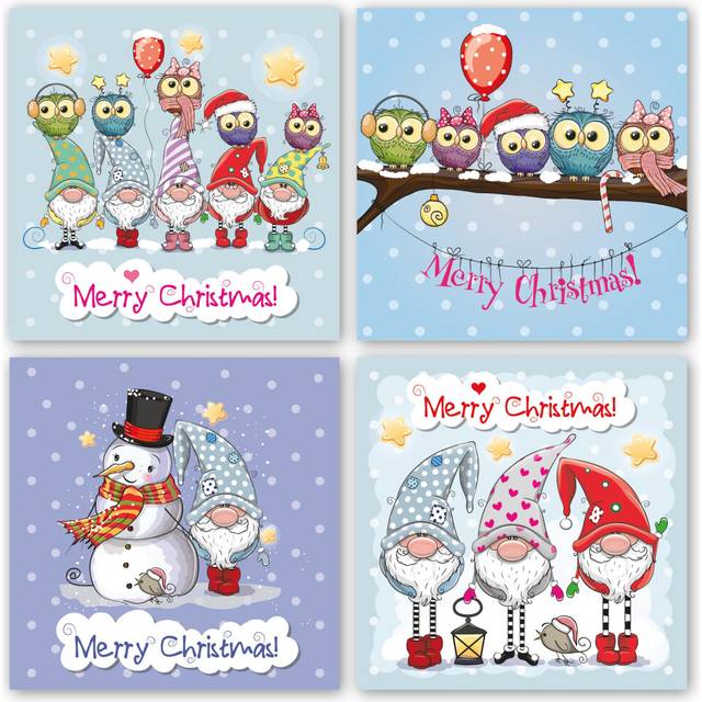 Charity Christmas Cards. Pack of 24. Each Christmas Card multipack has 4 different Gnomes & Owls designs. Ecofriendly and UK made. Blank Inside. 115 x