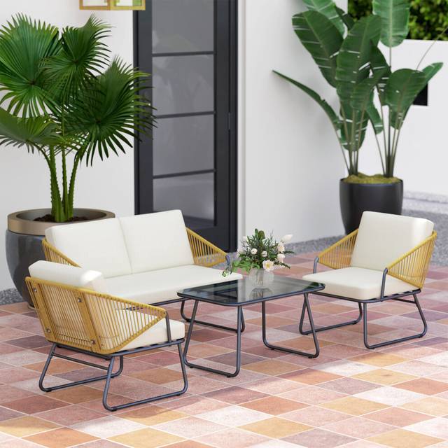 Outsunny 4 Piece Rattan Garden Furniture Set with Cushions, Natural, Brown
