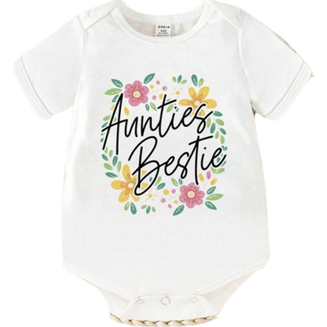 SHEIN Baby Girls Casual Simple Flower Letter Slogan Printed Triangle Romper Short Sleeve Bodysuit