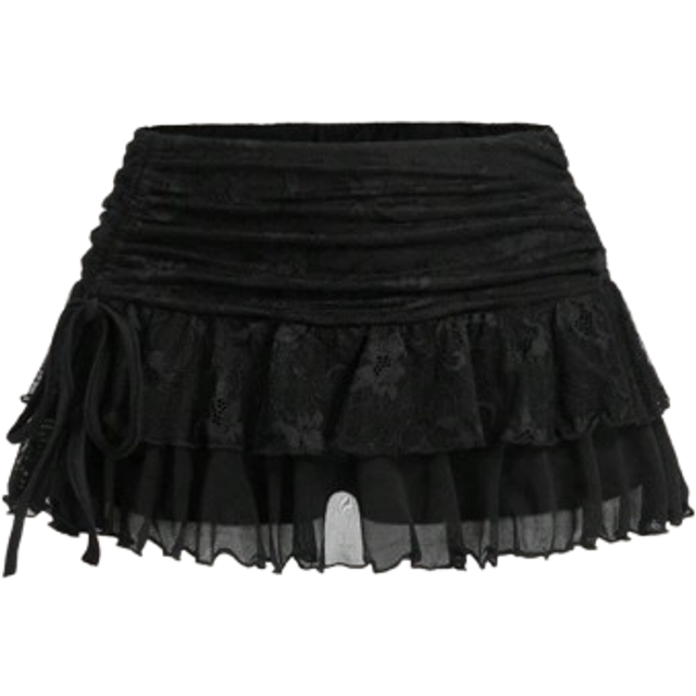 Amplova Ultra Low-Waist Lace & Mesh Double-Layer Pleated Wrap-Tie High-Slit Women&#39;s Skirt