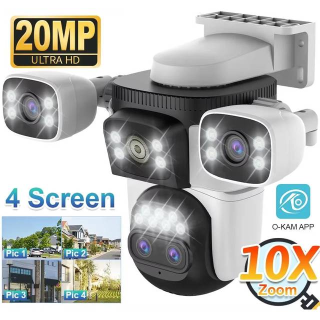 Outdoor 20MP WiFi Camera Optical 10X Zoom 10K Four Lens Four Screens PTZ Human Two Way Audio Auto Tracking Security Camera CCTV 6K Camera
