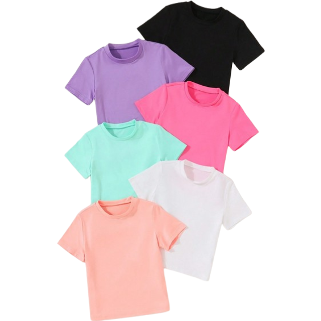 SHEIN 6pcs Young Girl Casual Comfortable All-Match Solid Color Round Neck Short Sleeve T-Shirt Set, Summer, Ideal Gift For Girls Tops Young Girl Girl