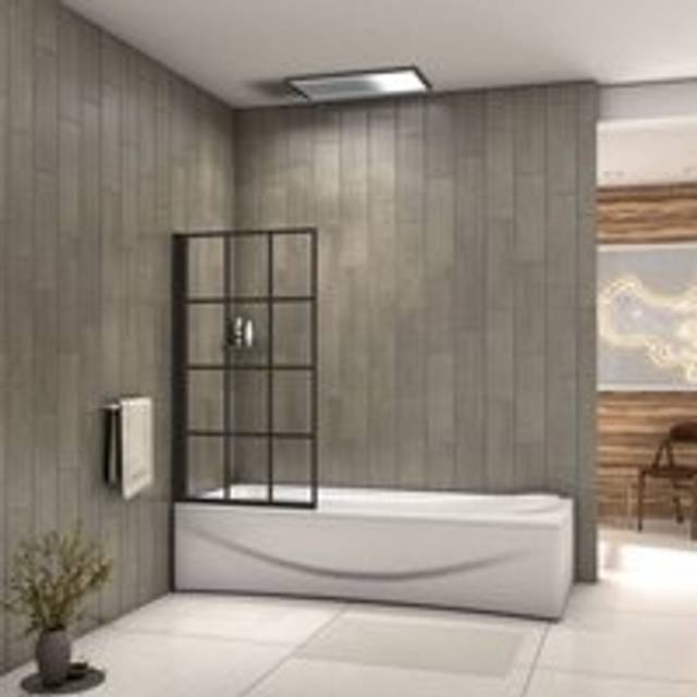 Aica Sanitaire - Aica 800x1400mm Matt Black Frame Grid Black Silk Screen Pivot Shower Bath Screen