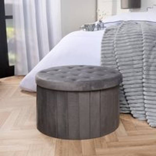 Folding Ottoman Storage Box Footstool Tub Space Saving Velvet Seat, XL Round - Charcoal - One Size