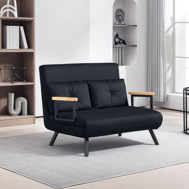 HOMCOM 4-in-1 Velvet-Feel Double Sofa Bed, with Pillows - Black, none