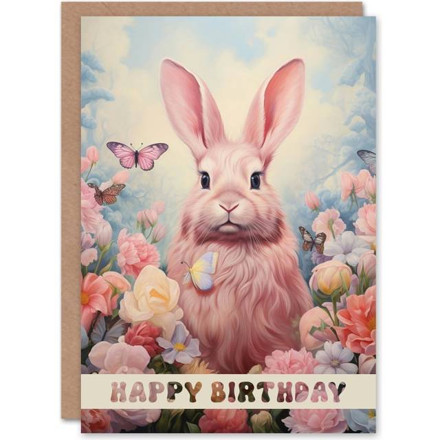 Birthday Greeting Card Pink Bunny Rabbit Butterfly Flowers For Her
