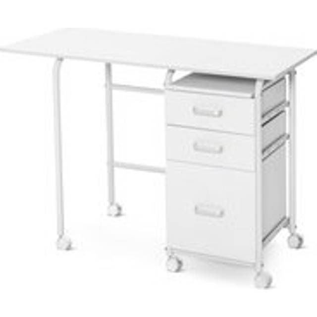 Folding Office Desk Writing Table On Wheels With 3 Drawers Workbench - White - One Size