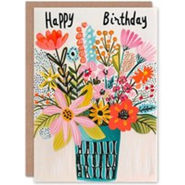 Artery8 Women's Birthday Card Simple Flower Bouquet in Vase Painting For Her Gran Sister Niece Daughter Wife Greeting Card - Multicolor