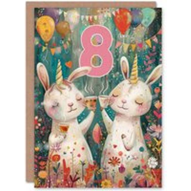 Birthday Card Cute Bunny Rabbit Unicorn Balloons Forest Party 8th 8 Year Old