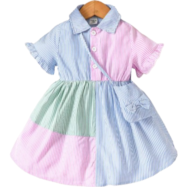 Bebis Flicka Randigt Tryck Färgblock Ryckärm Skjorta Klänning Med Accessoar Väska - Multifärgad (6-9M,9-12M,12-18M,18-24M,2-3Y)
